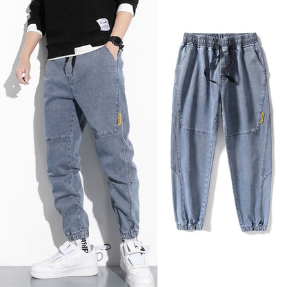 Men's fashionable denim sweatpants with elastic waist