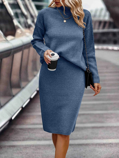 Women's Knitted Sweater and Skirt Set - High Neck - Long Sleeve - Fitted Pencil Skirt