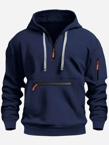 Men’s Sweatshirt – Fleece – Loose Fit – Half Zip Hooded – Ribbed Cuffs – Zip Pockets