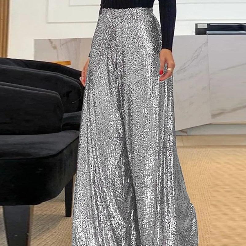 Women's Wide-Leg Trousers - High-Waisted - Sequin Embellished - Elegant Formal Wear