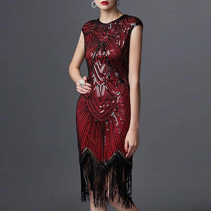 Women's Flapper Dress - 1920s Vintage Style - Beaded Fringe - Sleeveless Elegant Party Wear