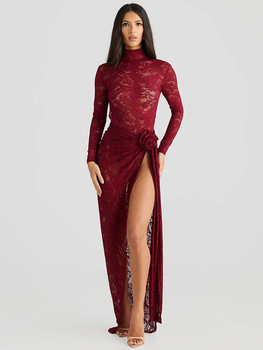Women’s Slip Dress – Lace Bodycon Fit – Long Sleeve – High Neck – Thigh Slit – Rosette Detail
