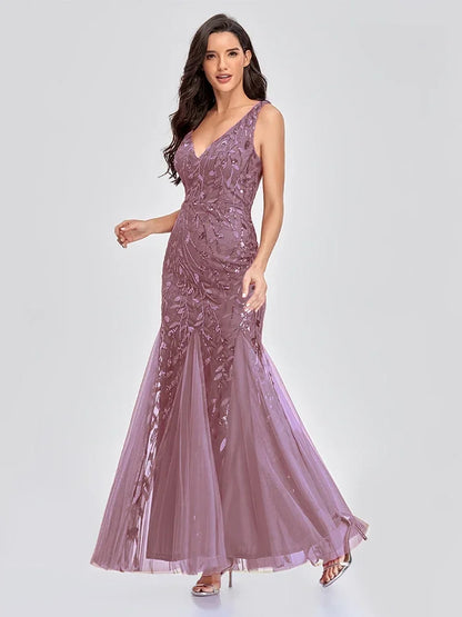 Women's Evening Prom Gown - Sleeveless V-Neck - Sequin Embellished - Floor-Length Elegant Fit