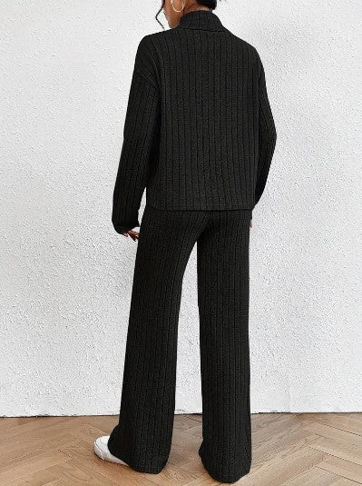 Women's Knit Two-Piece Set - Ribbed Turtleneck Sweater & High-Waist Wide-Leg Trousers