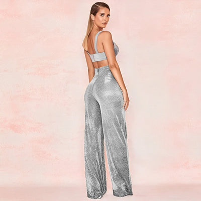 Women's High-Waisted Wide-Leg Trousers - Metallic Shimmer - Elegant Partywear
