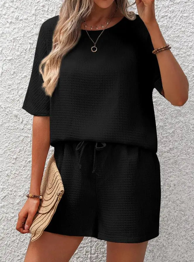 Women's Lounge Set - Relaxed Fit - Short Sleeve Top & Elastic Waist Shorts