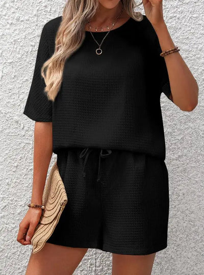 Women's Lounge Set - Relaxed Fit - Short Sleeve Top & Elastic Waist Shorts