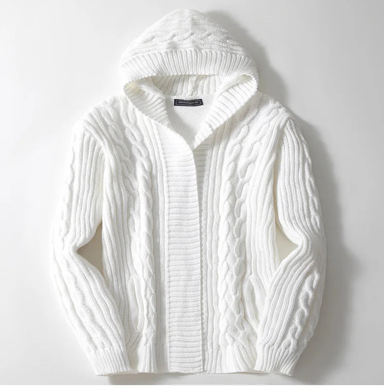 Men’s Hooded Cardigan – Relaxed Fit – Wool Knit – Cable Pattern Open Front