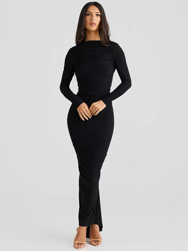 Women's Long Bodycon Dress - Ankle-Length - High Neck - Long Sleeve Elegant Fit