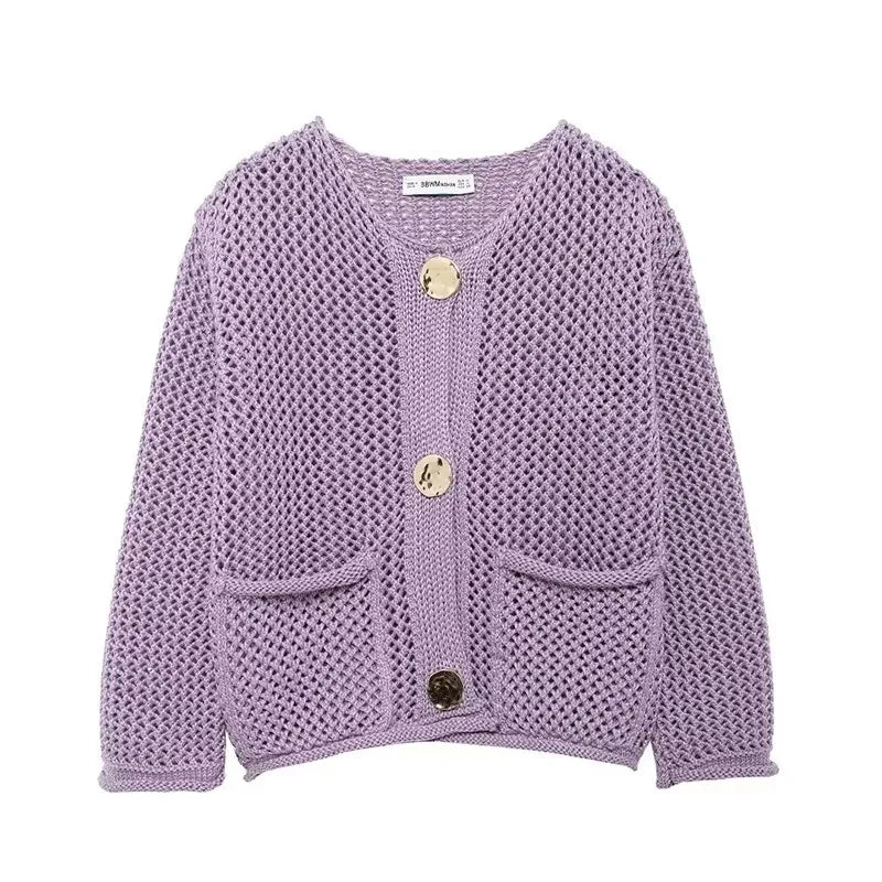 Mesh-knit cardigan with front pockets for women
