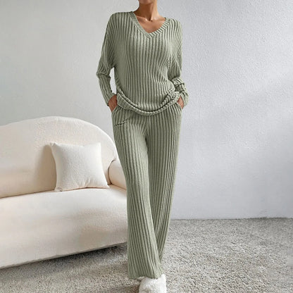 Women's Ribbed Knit Loungewear Set - V-Neck Sweater & Wide-Leg Trousers - Soft Stretch Fabric