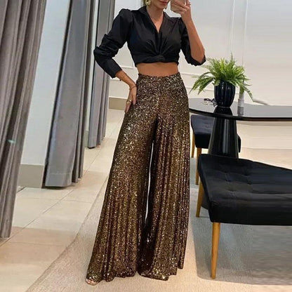 Women's Wide-Leg Trousers - High-Waisted - Sequin Embellished - Elegant Formal Wear