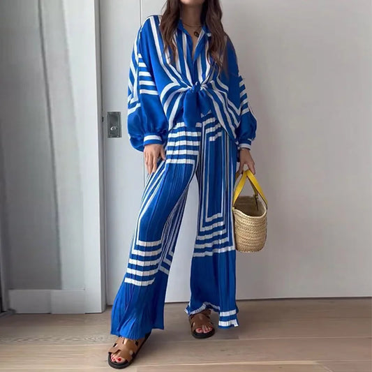 Women's Two-Piece Set - Tie-Front Blouse & Wide-Leg Trousers - Geometric Striped Pattern