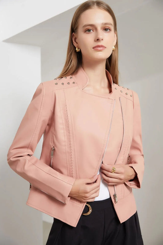 Women’s Tailored Jacket – Structured Fit – Cropped Waist – Studded Shoulders – Zip Closure
