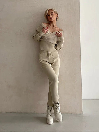 Women's Off-Shoulder Knitted Sweater - Ribbed Texture - Long Sleeve - Fitted Waist