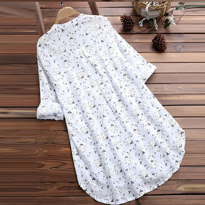 Women’s Blouse – Relaxed Fit – V-Neck – Button Front – Floral Print – Breathable Blend