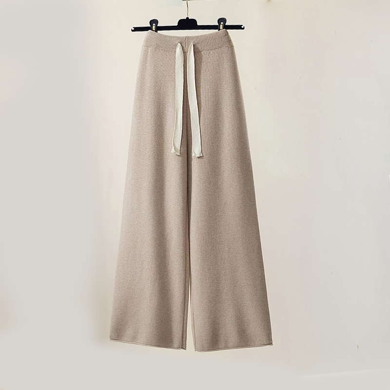 Women's Knitwear Lounge Set - Striped V-Neck Top & Wide-Leg Trousers - Soft & Cozy
