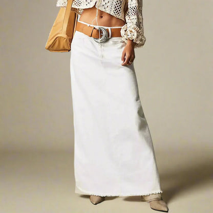 Women’s Denim Skirt – High Waist – Straight Fit – Full Length – Raw Hem – 5 Pockets