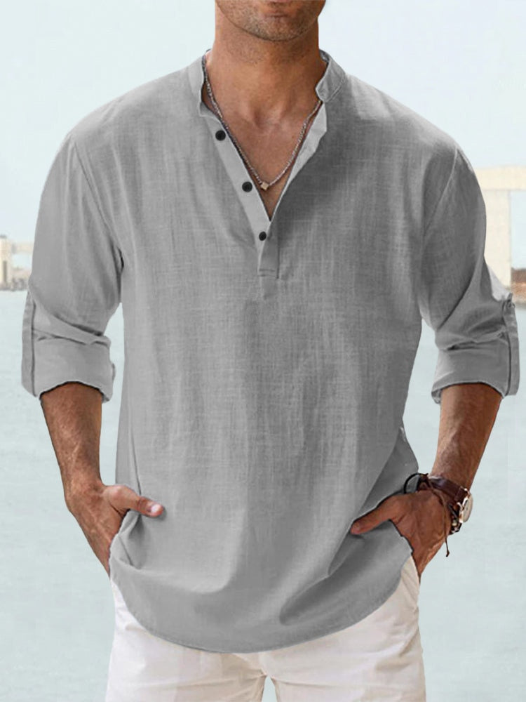 Men’s Henley Shirt - Breathable Cotton Linen - Relaxed Fit - Long Sleeve Band Collar