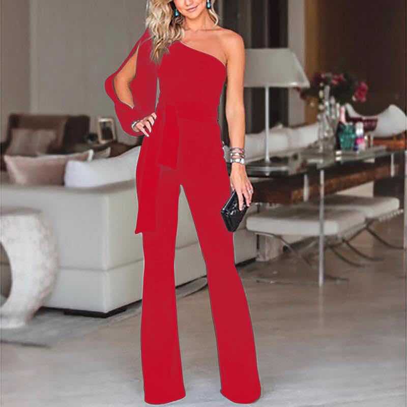 Women’s Jumpsuit – One Shoulder – Slim Fit – Flared Leg – Belted Waist – Luxury Fabric