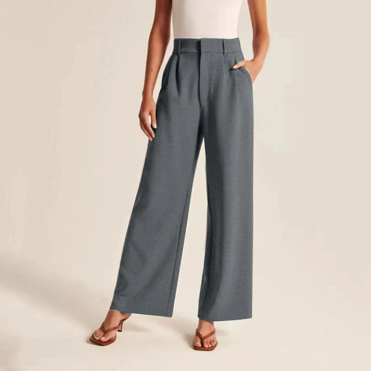 Women’s Wide Leg Trousers – High Waisted Tailored Fit – Linen Feel – Pleated Full Length