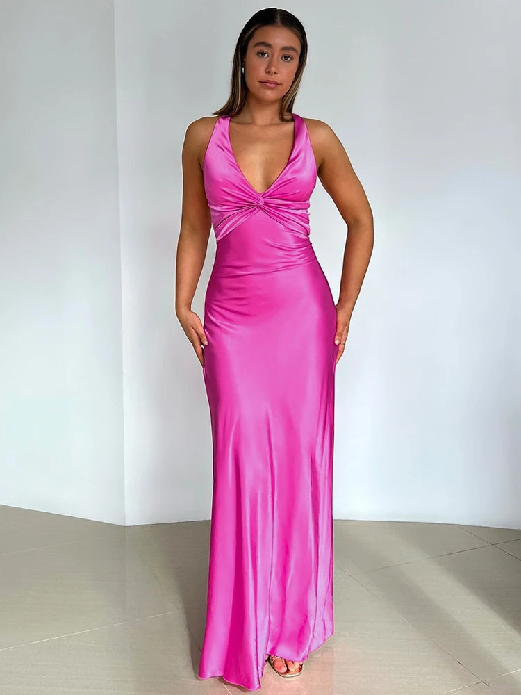 Women's Evening Gown - Satin Finish - Sleeveless Halter Neck - Elegant Formal Wear