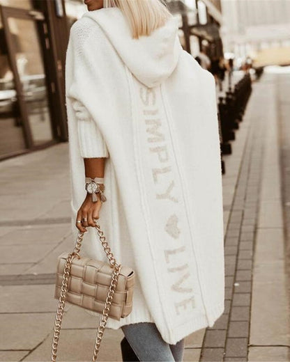 Women’s Long Coat – Knitted Wool – Oversized Fit – Hooded – Graphic Back – Ribbed Cuffs
