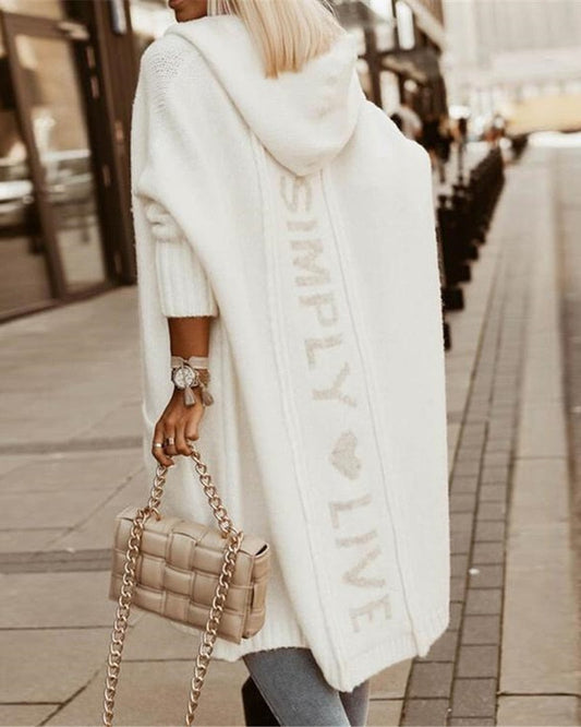 Women’s Long Coat – Knitted Wool – Oversized Fit – Hooded – Graphic Back – Ribbed Cuffs