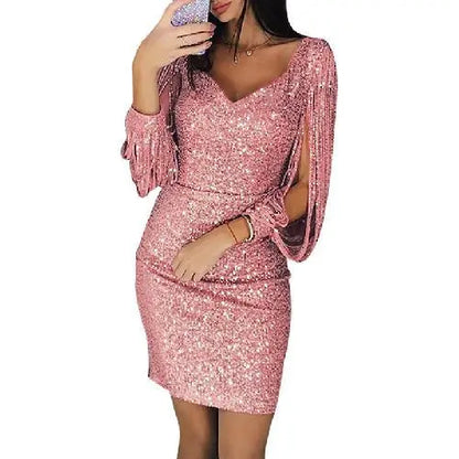 Women's Sequin Cocktail Dress - V-Neck - Draped Sleeves - Bodycon Party Wear
