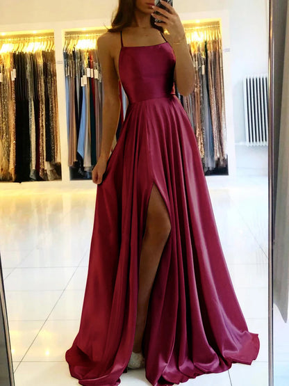 Women's Evening Prom Gown - Floor-Length Satin - Spaghetti Straps - Square Neck - High Slit