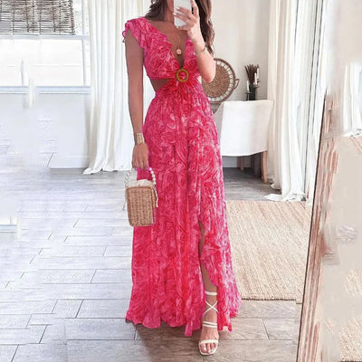 Printed V-Neck Floral Dress - Sexy and Stylish Design