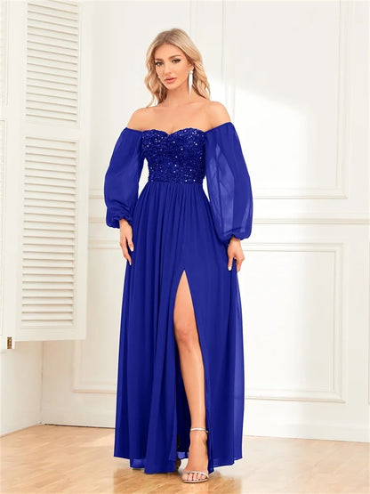 Women’s Evening Prom Gown - Off Shoulder - Sequin Bodice - Long Sleeve - High Slit Elegant Dress