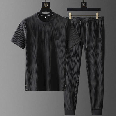 Men’s Tracksuit Set - Textured Pleated Fabric - Short Sleeve T-Shirt & Joggers - Relaxed Fit