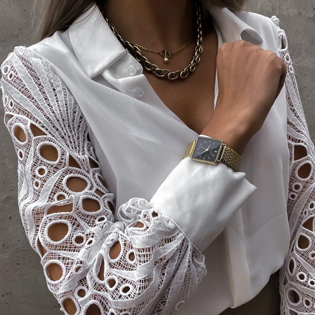 Women's Blouse - Silky Finish - Lace Long Sleeves - Button-Down Elegant Style