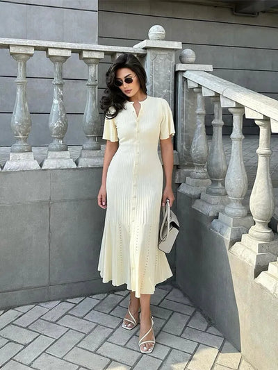 Women's Knit Dress - Ribbed Texture - Short Sleeve - Round Neck - Button Front - Form-Fitting