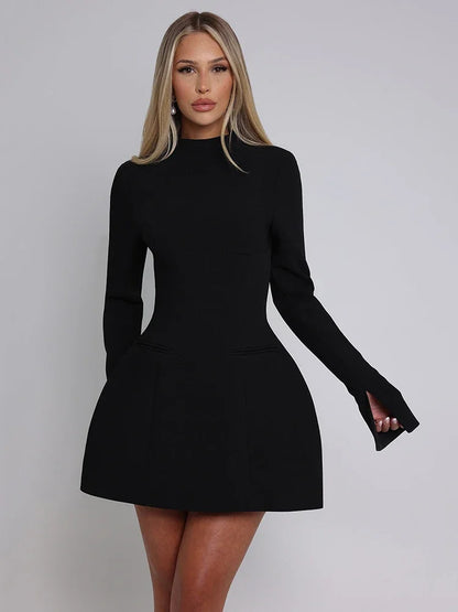 Women's Mini Dress - High Neck - Long Sleeve - Tailored Fit - A-Line Silhouette