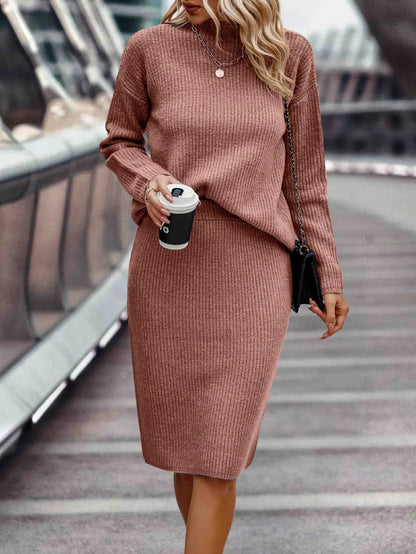 Women's Knitted Sweater and Skirt Set - High Neck - Long Sleeve - Fitted Pencil Skirt