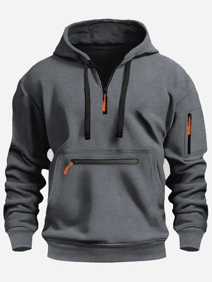 Men’s Sweatshirt – Fleece – Loose Fit – Half Zip Hooded – Ribbed Cuffs – Zip Pockets