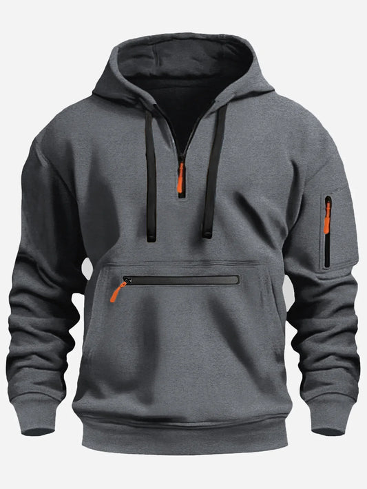Men’s Sweatshirt – Fleece – Loose Fit – Half Zip Hooded – Ribbed Cuffs – Zip Pockets