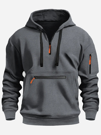 Men’s Sweatshirt – Fleece – Loose Fit – Half Zip Hooded – Ribbed Cuffs – Zip Pockets