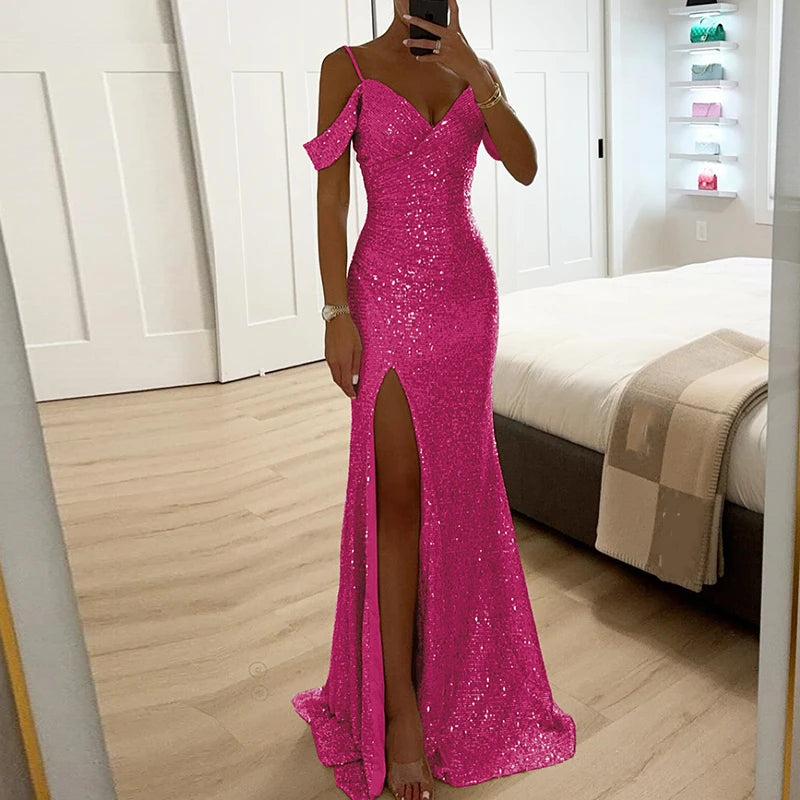 Women's Evening Prom Gown - Sequined Off-Shoulder - Fitted Silhouette - V-Neck Full Length