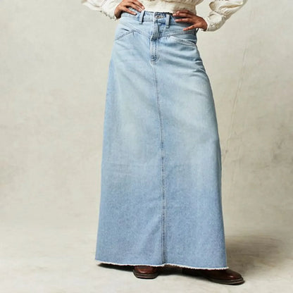 Women’s Denim Skirt – High Waist – Straight Fit – Full Length – Raw Hem – 5 Pockets