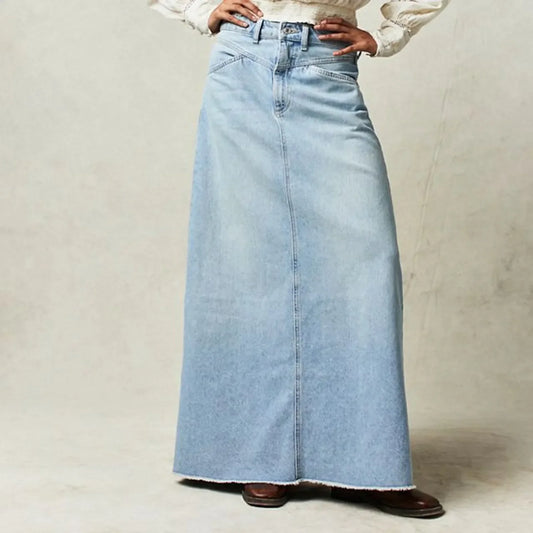 Women’s Denim Skirt – High Waist – Straight Fit – Full Length – Raw Hem – 5 Pockets