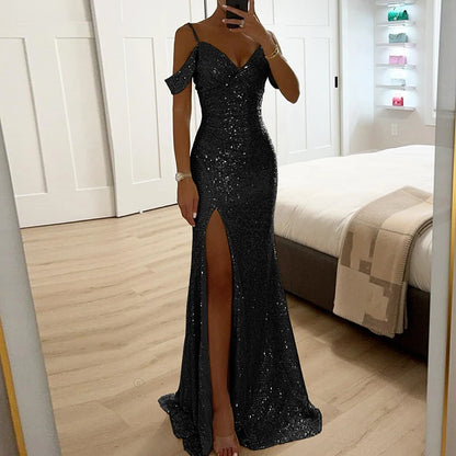 Women's Evening Prom Gown - Sequined Off-Shoulder - Fitted Silhouette - V-Neck Full Length