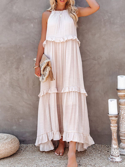 Women’s Maxi Dress – Relaxed Fit – Halter Neck – Ruffle Detail – Natural Fibers