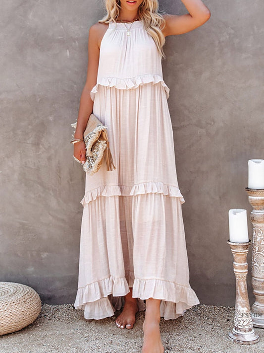 Women’s Maxi Dress – Relaxed Fit – Halter Neck – Ruffle Detail – Natural Fibers