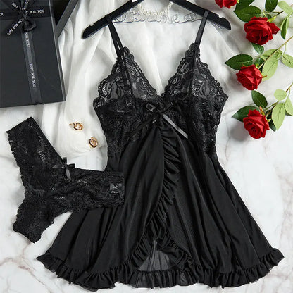 Women’s Lingerie Set – Slim Fit – Lace V-Neck – Ruffled Hem – Semi-Transparent Fabric