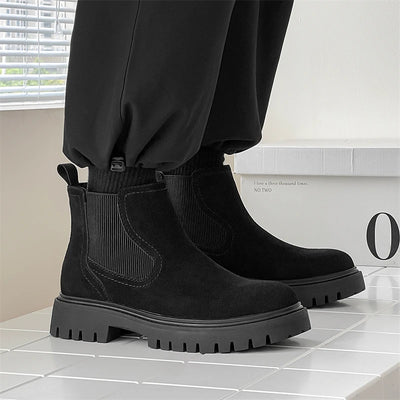 Men’s Mid-Cut Casual Boots – Suede – Elastic Side Panels – Chunky Sole – Retro Style