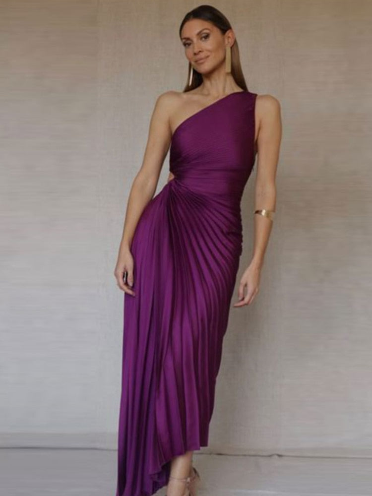 Women's Evening Gown - One-Shoulder - Pleated Texture - Floor-Length Elegant Fit