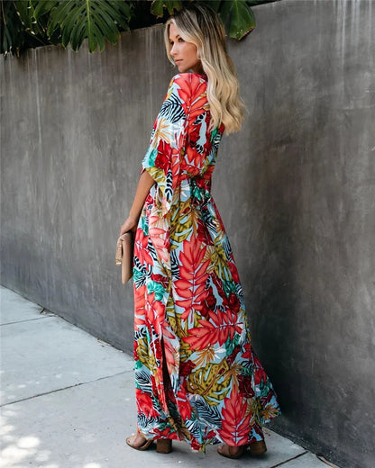 Women's Maxi Dress - Wrap V-Neck - 3/4 Sleeve - Floral Print - Flowing Elegant Fit